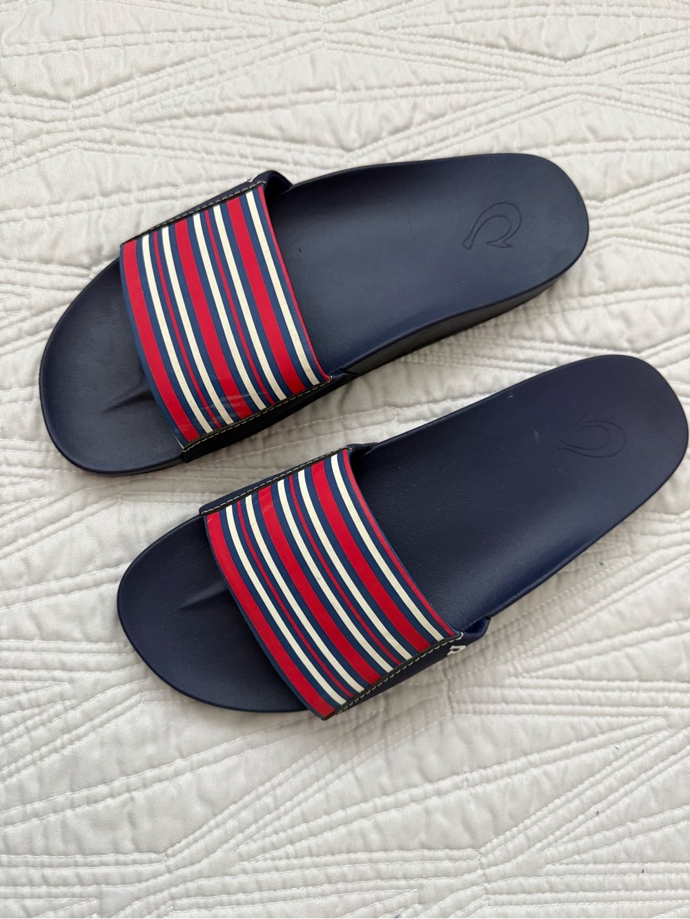Olykai Navy Slide Sandals with Red, White & Blue Striped Strap